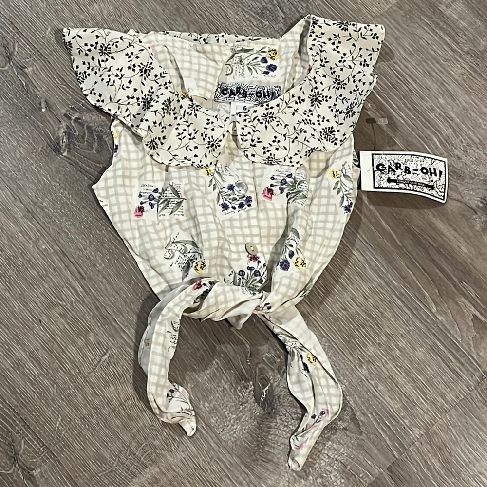 NEW TRUE VINTAGE 90's DEADSTOCK KIDS BUTTON DOWN CROP TOP WITH TIE FLORAL GRID